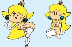 1girls arm_gloves blonde_hair breasts coolerinker crown hanging_breasts inker_comics inkershike kneeling mario_(series) nintendo nude peace_sign pearl_earrings princess princess_peach stockings terminalmontage white_legwear wink