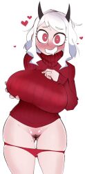 1girls big_breasts blush blushing breasts demon_horns eyebrows eyebrows_visible_through_hair eyelashes female female_only gonzalo_costa hand_on_breast helltaker horns large_breasts light-skinned_female light_skin looking_at_viewer modeus_(helltaker) panties panties_down pubic_hair pussy red_eyes solo solo_female solo_focus sweater thick_thighs thighs white_hair wide_hips