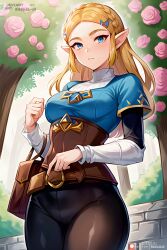 1girls 2:3 ai_assistedart ai_generated bag belt belt_buckle black_pants blonde_hair blue_eyes blue_shirt breath_of_the_wild brown_corset corset deviantart_logo deviantart_username female female_only flower flowers long_sleeves nagual-ui nintendo pants patreon_logo patreon_username pointy_ears pouch princess_zelda shirt solo standing the_legend_of_zelda tree trees zelda_(breath_of_the_wild)