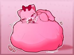 1girls belly_bigger_than_body bow digestion_noises feline furry garnet_(jewelpet) huge_belly hyper_belly jewelpet lying_on_stomach neck_tuft necklace sanrio self_lying simple_background tachidomatte vore vore_belly