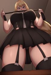 1boy1girl big_breasts big_thighs black_clothing blonde_hair blue_eyes blush busty charlydibulol darkness_(konosuba) duo female garter_straps giantess holding_object human human_only kono_subarashii_sekai_ni_shukufuku_wo! legwear looking_at_another looking_down low_angle macro micro satou_kazuma skirt smaller_male standing stockings whip zipper