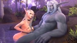 1boy 1girls 3d alvarina barbell_piercing blizzard_entertainment blonde_hair blue_eyes collar high_elf interspecies lecia_silverwing light-skinned_female light_skin night_elf nipple_piercing original_character paizuri purple_skin warcraft white_hair world_of_warcraft