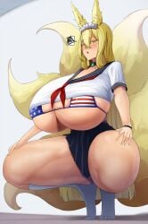 1girls american_flag_bikini animal_ears big_breasts blonde_hair breasts busty curvaceous curvy curvy_body curvy_female curvy_figure female female_only hirume_of_heavenly_incense hirume_of_heavenly_incense_(the_sailor_costume_for_childhood_friend)_(last_origin) huge_breasts large_breasts last_origin light-skinned_female light_skin long_hair school_uniform sirosoil solo squatting thick_thighs thighs usa_bikini voluptuous yellow_eyes