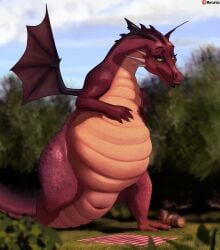 2023 animal_genitalia cloaca conditional_dnp dragon dragon_(shrek) dreamworks female feral genitals green_eyes hi_res looking_at_viewer mercurial64 multicolored_body red_body shrek_(series) solo tail tan_body wings