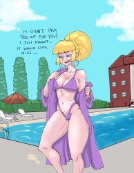 aged_up big_breasts bikini bikini_bottom bikini_top blonde_hair breasts darkeros13 disrobing female female_only gravity_falls older_female outdoor outside pacifica_northwest pool poolside robe smooth_skin solo swimming_pool swimsuit text thedarkeros tsundere