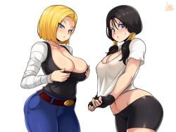 2girls android_18 big_breasts bike_shorts blush breasts cameltoe cleavage dragon_ball dragon_ball_z female female_only jmg large_breasts looking_at_viewer multiple_girls pussy sweat videl