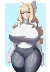 1girls alternate_costume bangs blonde_hair blue_eyes breasts charlotte_(fire_emblem) curvy female female_only fire_emblem fire_emblem_fates hairbow hourglass_figure huge_breasts jeans long_hair looking_at_viewer mature mature_female milf nintendo pants smile solo sweater thick_thighs turtleneck turtleneck_sweater very_long_hair voluptuous wavy_hair wide_hips zackshun