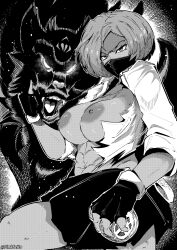 1girls abs big_breasts bob_cut brazilian brazilian_female breasts dark-skinned_female dark_skin female female_only fingerless_gloves giovanna_(guilty_gear) gloves greyscale guilty_gear guilty_gear_strive large_breasts looking_at_viewer mask masked_female monochrome muscular_female nipples pinkseito rei_(guilty_gear) short_hair shorts solo tagme torn_clothes torn_shirt