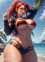 1girls ai_generated beach big_breasts bikini bra darkblazeai female_focus female_only huge_breasts looking_at_viewer ponytail realistic red_bikini red_hair seductive_eyes solo_female stable_diffusion tengen_toppa_gurren_lagann yellow_eyes yoko_littner