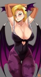 1girls android_18 big_breasts blonde_hair blue_eyes breasts cleavage clothing cosplay curvaceous curvy darkstalkers dragon_ball dragon_ball_z female female_only hourglass_figure huge_breasts jmg large_breasts milf morrigan_aensland morrigan_aensland_(cosplay) short_hair solo voluptuous wide_hips