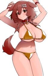 1girls big_breasts brown_hair dismassd dog_ears dog_tail gold_bikini hololive hololive_gamers hololive_japan hourglass_figure inugami_korone sole_female virtual_youtuber white_background