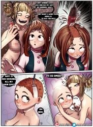 2girls bald_female blonde_hair blonde_hair_female blushing breasts brown_eyes brown_hair censored censored_nipples clippers comic degradation english_text female_only hair hair_fetish haircut headshave himiko_toga humiliation my_hero_academia nude_female ochako_uraraka ochako_uraraka_(hero_outfit) razor razor_blade satoshidart shaved_head shaving shaving_another shaving_head yellow_eyes