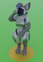 anthro bluebyte bodily_fluids closed_eyes covering covering_crotch embarrassed fur genital_fluids grey_body grey_fur hair lunar_proto machine male peeing peeing_self protogen protogen_visor simple_background solo urine urine_on_ground urine_pool watersports