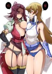 2girls akiza_izinski alexis_rhodes angry angry_face animahakim black_garter_straps black_legwear black_panties black_sleeves black_stockings blonde_hair blue_gloves blue_panties blue_skirt blush brown_eyes cleavage crossover duel_academy_uniform_(yu-gi-oh!_gx) female_only footwear hair_between_eyes izayoi_aki large_breasts long_hair long_sleeves medium_hair miniskirt multiple_girls necklace panties red_collar red_hair skirt skirt_lift sleeves_past_elbows solo_focus tenjouin_asuka thick_thighs thigh_gap thighhighs thighs uncensored underwear wide_hips yellow_eyes yu-gi-oh! yu-gi-oh!_5d's yu-gi-oh!_gx