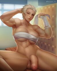 1futa alternate_version_at_source balls bandeau big_breasts big_penis blonde_hair bottomless breasts chest_binder clothed clothing electra_byron final_fantasy final_fantasy_xiv flaccid futa_only futanari human intersex large_penis light-skinned_futanari light_skin locker_room mostly_nude mrgobbo muscles muscular_futanari partially_retracted_foreskin penis roegadyn short_hair sitting solo source_smaller uncut white_hair yellow_eyes