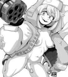 1futa balls bottomless breasts bridget futanari guilty_gear hoodie jacket jacket_only jacket_open monochrome nipples nudiedoodles penis small_breasts small_penis solo_futa weapon yo-yo