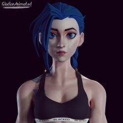 1girls 3d black_background blacked blacked_clothing blue_eyes blue_hair female female_only gladionanimated jinx_(league_of_legends) league_of_legends light-skinned_female light_skin looking_at_viewer pale-skinned_female ponytail solo tattoo