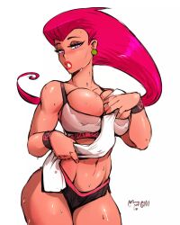 1girls 2023 aleksandrgav curvaceous curvy_body curvy_figure female female_only game_freak gym_uniform hi_res huge_breasts jessie_(pokemon) long_hair looking_at_viewer nintendo pink_hair pokemon seductive_look solo sweat sweatdrop sweating