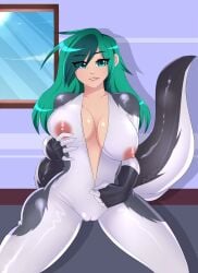 biting_lip blue_eyes bodysuit danilokumriolu disguise furry green_hair helluva_boss human large_ass large_breasts latex loona_(helluva_boss) original_character putting_clothes_on rubber skinsuit