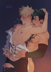 2boys bite_marks blush gay half-dressed handjob hickey_marks izuku_midoriya katsuki_bakugou leaking_precum looking_pleasured male_only muscular_male my_hero_academia pleasure_face precum precum_drip spacenipnops yaoi