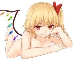 1girls ass blonde_hair bow breasts collarbone completely_nude embodiment_of_scarlet_devil flandre_scarlet full_body hair_ornament hairbow looking_at_viewer lying lying_on_stomach medium_hair miyo_(ranthath) nude red_bow red_eyes side_ponytail simple_background small_breasts smile smug solo touhou vampire white_background wings