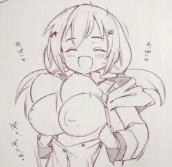 :d ^_^ blush bouncing_breasts breasts closed_eyes commentary_request female highres inverted_nipples large_breasts long_sleeves low_twintails monochrome original smile solo traditional_media tsukareta_san twintails