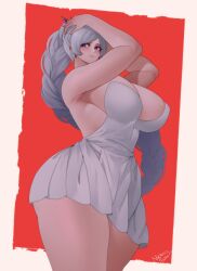 artist_name ass big_ass big_breasts big_butt blue_eyes breasts colored dress female female_focus female_only hands_behind_head hands_up light-skinned_female light_skin long_hair nachocobana red_background rwby simple_background smile smiling solo solo_female thick_ass thick_thighs thighs weiss_schnee white_background white_clothing white_hair white_skin