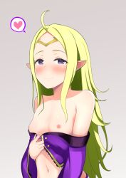 1girls alternate_costume alternate_hairstyle bare_midriff bare_shoulders blonde_hair blush breasts breasts_out collarbone female female_only fire_emblem fire_emblem_awakening fire_emblem_heroes flashing green_hair hair_down halloween halloween_costume heart long_hair looking_at_viewer midriff nintendo nipples nowi_(fire_emblem) off_shoulder official_alternate_costume pointy_ears shoulders small_breasts smile solo speech_bubble sutee_(ripobita) witch