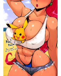 1girls 2023 aleksandrgav curvy_female curvy_figure denim_shorts english_text g-string game_freak huge_breasts jessie_(pokemon) muscular_female nintendo pikachu pokemon pokemon_(species) seductive_look shorts solo_female solo_focus speech_bubble tank_top thong voluptuous_female