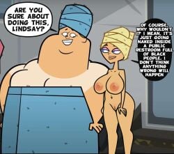 1boy 1girls accurate_art_style big_breasts breasts edit edited english english_text fat_man huge_breasts lindsay_(tdi) long_hair owen_(tdi) screencap screenshot screenshot_edit steca talking thelazyart thick thick_ass thick_legs thighs total_drama_island