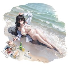 absurdres ahoge arm_up armpits azur_lane bare_shoulders barefoot beach bikini black_hair bottle breasts cellphone cleavage collarbone feet female full_body hair_between_eyes highres huge_breasts iphone legs long_hair long_sleeves looking_at_viewer lying messy_hair navel ocean off_shoulder official_alternate_costume official_art on_back one_side_up open_clothes open_shirt outdoors palm_leaf palm_tree phone red_eyes sand shirt side-tie_bikini_bottom sideboob skindentation smartphone stomach string_bikini surcouf_(azur_lane) surcouf_(loisirs_balneaires)_(azur_lane) swimsuit taihou_(azur_lane) taihou_(seaside_daydreams)_(azur_lane) thigh_strap thighs toes tree very_long_hair water wet wet_clothes wet_shirt white_bikini white_shirt yunsang