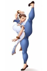 1girls big_breasts breasts chun-li clothed clothing female female_only fighting_pose large_breasts solo street_fighter street_fighter_6 vertical_splits vicsenpai white_background