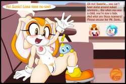 1boy 2023 2girls aged_up ambiguous_gender anthro areola big_areola biped blood bodily_fluids breasts casual_nudity chao_(sonic) cheese_the_chao clitoral_hood clitoris clothing confidently_naked cream_the_rabbit dialogue digital_media_(artwork) dipstick_ears duo english_text exclamation_point eye_markings female floppy_ears footwear genitals gesture gloves handwear head_markings hi_res lagomorph leporid looking_at_another looking_at_genitalia looking_at_pussy mammal markings medium_breasts mostly_nude multicolored_ears navel nipples no_sex nosebleed nude nudist only_one_naked open_mouth open_smile orange_clothing orange_footwear orange_markings pubes pussy rabbit scut_tail sega short_tail smile sonic_(series) sonic_the_hedgehog sonic_the_hedgehog_(series) speech_bubble spread_legs spreading tail tan_body teenager text tongue vanilla_the_rabbit waving white_clothing white_gloves white_handwear young zeta_r-02 zetar02