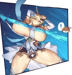 ! 1boy 1girls big_breasts big_thighs breasts breasts_out breasts_out_of_clothes busty female genshin_impact huge_breasts huge_thighs large_breasts large_thighs lumine_(genshin_impact) male melon22 tartaglia_(genshin_impact) thick_thighs thighs voluptuous