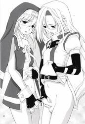 2boys balls blush bridget cross femboy femboy_on_femboy gay genderswap genderswap_(ftm) gloves guilty_gear headband long_hair male male/male millia_rage mound_of_venus multiple_boys navel nun penis penises_touching ribbon rule_63 saigado saigadou shy small_penis sweat testicles yaoi