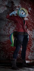 3d 3d_(artwork) absurd_res anthro belt blood blood_on_wall blood_splatter bodily_fluids capcom claire_redfield clothed clothing cosplay digital_media_(artwork) english_text equid equine female firearm footwear friendship_is_magic gildedbonexfm hair handgun hi_res mammal multicolored_hair my_little_pony rainbow_dash_(mlp) resident_evil revolver solo straight_hair text video_games weapon