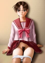 brown_eyes brown_hair clothing glasses hoshina_tomoko megane panties panties_down pants pubic_hair raku_soukutsu school_uniform sitting skirt to_heart to_heart_(series)