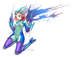 1girls absurd_res aqua_eyes areolae arm_cannon armed blue_bodysuit blue_clothing bodysuit boots breasts cameltoe erect_nipples female female_only gun guns hair high_heels jpg large_breasts nipple_bulge nipples no_bra no_panties pussy red_hair see-through see-through_bodysuit signature smoking_gun suit teo_artworks weapon wings