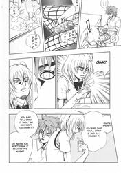 2girls blonde blonde_female blonde_hair comic comic_page doujinshi female female_only fetish jojo_reference manga manga_style momo_velia_deviluke monochrome nana_asta_deviluke parody peeing peeing_in_cup school_uniform sitting sitting_on_chair sitting_pee tail text tied_hair to_love-ru to_love-ru_darkness translated tsunken twins twintails unknown urinating urinating_female urination urine