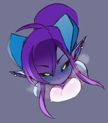 bangs black_sclera blue_skin blush demon_girl ear_piercing female glowing glowing_eyes green_eyes grey_background horns kanel licking looking_at_viewer medium_hair original piercing pointy_ears purple_hair saliva simple_background testicle_licking testicles tongue