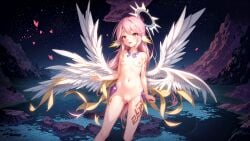 ai_generated angel_wings belly_bulge innie_pussy jibril_(no_game_no_life) no_game_no_life pink_eyes pink_hair pussy small_breasts stable_diffusion tattoo tentacle trembling water wet_body wings