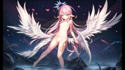 1girl ai_generated angel angel_wings bad_hands bare_legs belly_bulge breasts cams feathered_ears feathered_wings female female_only halo heart in_water jibril_(no_game_no_life) kemonomimi long_hair navel no_game_no_life nude outdoors pink_eyes pink_hair pussy small_breasts solo spead_legs_up stable_diffusion tattoo tattoo_on_legs tentacle tentacles_around tentacles_vaginal trembling water wet_body wings