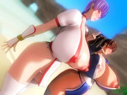 286c 2girls 3d ayane_(doa) big_breasts breasts brown_eyes brown_hair dead_or_alive female female_only hourglass_figure human kasumi_(doa) large_breasts light-skinned_female light_skin long_hair nipple_pull nude nude_female outdoors purple_hair red_eyes short_hair