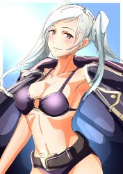 1girls alternate_costume belt bikini cleavage coat female fire_emblem fire_emblem_awakening fire_emblem_heroes nintendo o-ring o-ring_bikini official_alternate_costume outdoors outside purple_bikini purple_swimsuit robin_(fire_emblem) robin_(fire_emblem)_(female) solo swimsuit to_(tototo_tk) tonoji twintails