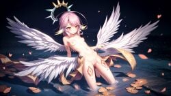 1girl ai_generated angel angel_wings bad_feet bad_hands bad_leg bare_legs belly_bulge breasts feathered_ears feathered_wings female female_only halo in_water innie_pussy jibril_(no_game_no_life) kemonomimi medium_hair navel necklace no_game_no_life outdoors pink_eyes pink_hair pussy small_breasts solo spead_legs_up stable_diffusion tattoo tattoo_on_legs tentacle tentacles_around tentacles_vaginal trembling water wet_body wings