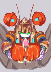 1boy 1girls big_breasts blonde_hair breasts breasts_bigger_than_head cum cum_on_breasts cum_on_face duo ejaculation female female_focus green_eyes human human_on_robot insect_girl insects large_breasts long_hair looking_at_viewer male marokko mega_man mega_man_zero paizuri penis pressing_breasts_together robot robot_girl sol_titanion tagme