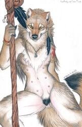 animal_genitalia animal_pussy anthro canid canine canine_genitalia canine_pussy canis female genitals hi_res mammal multi_nipple nipples nude pussy revna_(garal) simple_background solo staff toots white_background wolf