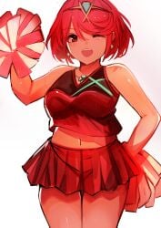 1girls breasts cheerleader cheerleader_uniform core_crystal crop_top earrings large_breasts looking_at_viewer midriff navel nintendo one_eye_closed pom_pom_(cheerleading) pom_poms pyra red_crop_top red_eyes red_hair red_skirt short_hair skirt tarbo_(exxxpiation) tiara xenoblade_(series) xenoblade_chronicles_2