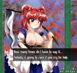 1girls areolae big_breasts blush breasts_out dialogue edit komachi_onozuka light-skinned_female nipples red_hair screencap screenshot_edit text touhou toxshadows zun_(style)