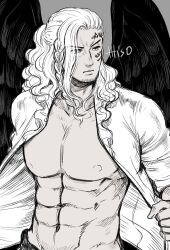 1boy abs artist_signature asymmetrical_hair bare_chest black_wings braid facial_hair facial_tattoo king_(one_piece) light_hair long_hair long_hair_male male male_only mature_male misokkasu monochrome muscular muscular_male nipples one_piece open_clothes open_shirt pecs shirt signature single_braid solo stomach stubble undressing wavy_hair wings